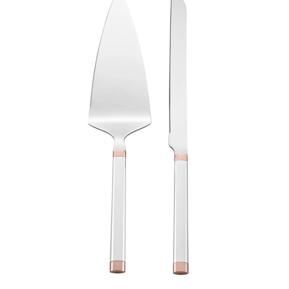 Kate Spade Silver and Rose Gold Cake Serving Set and Matching Toasting Flutes